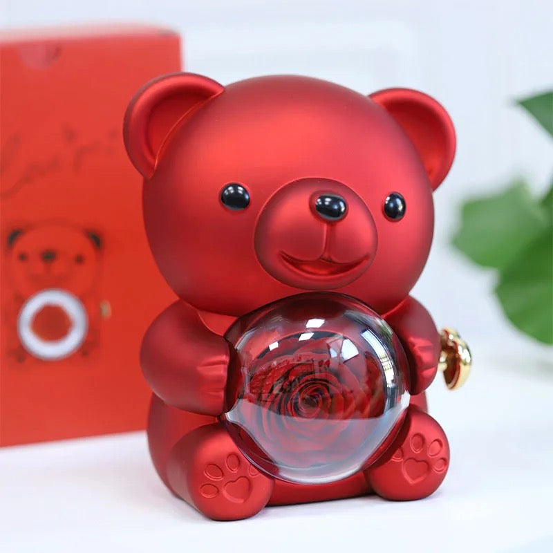Nounours avec rose éternelle stabilisé packaging cadeau St Valentin
