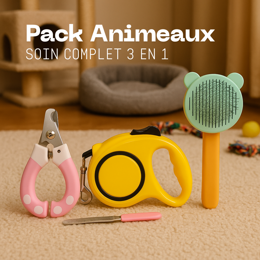 Pack Accessoires de Soin & Promenade pour Animaux – Coupe-Griffes | Laisse Enrouleur | Brosse