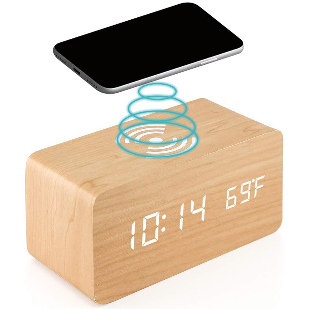 Réveil numérique en bois, recharge sans fil