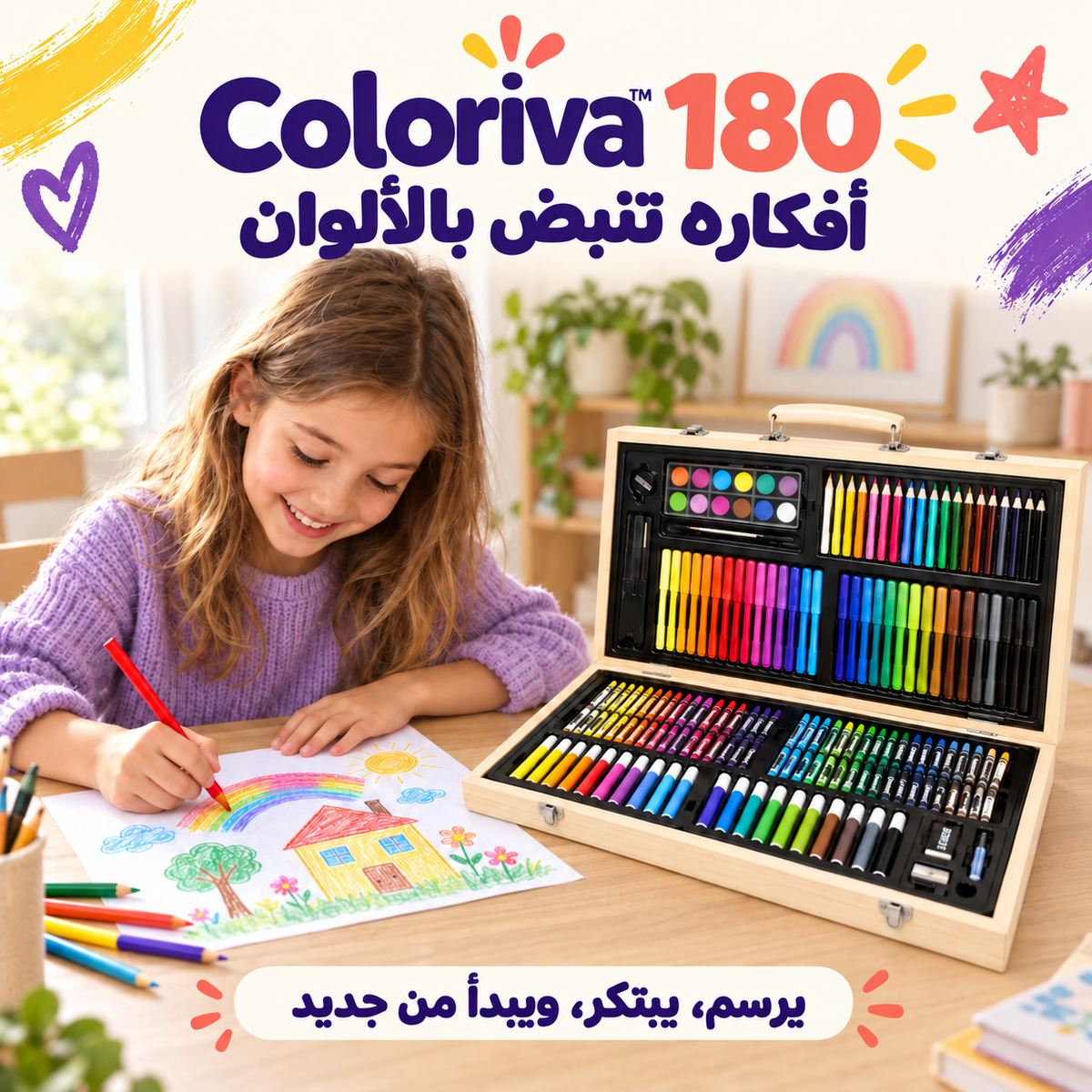 Coloriva™ 180 – Mallette de dessin et peinture en bois, 180 pièces