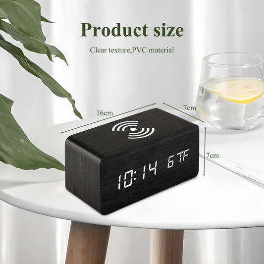 Wooden digital alarm clock wireless charging